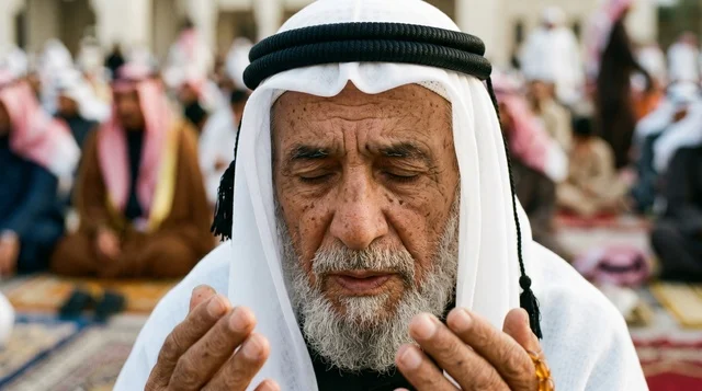 رجل كويتي مسن يصلي العيد بلقطة مقربة رجل كويتي مسن يصلي العيد بلقطة مقربة