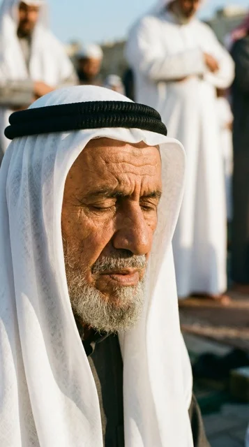 Elderly Kuwaiti Man in Devoted Eid Prayer Close-up Elderly Kuwaiti Man in Devoted Eid Prayer Close-up