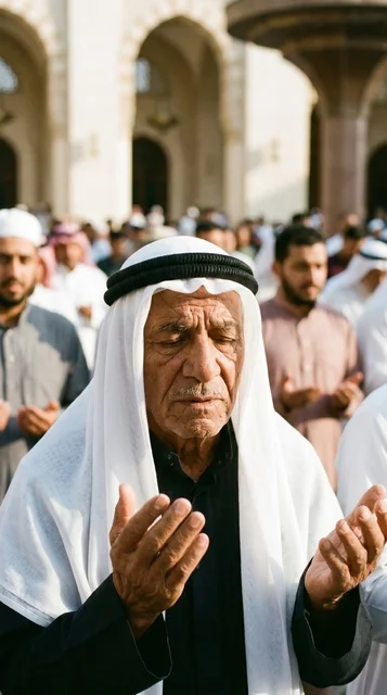 Elderly Kuwaiti Man Praying During Eid at Mosque