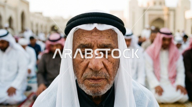 رجل كويتي مسن يصلي بخشوع في صلاة العيد