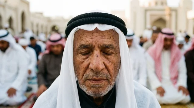 Elderly Kuwaiti Man Praying During Eid at Mosque