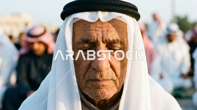 رجل كويتي مسن في صلاة العيد لقطة مقربة