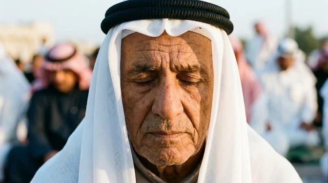 رجل كويتي مسن في صلاة العيد لقطة مقربة