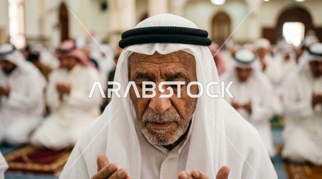 صلاة رجل كويتي مسن في المسجد لقطة مقربة