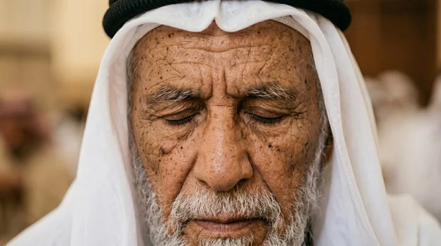 Elderly Kuwaiti Man Praying Close-up During Eid Prayer Elderly Kuwaiti Man Praying Close-up During Eid Prayer