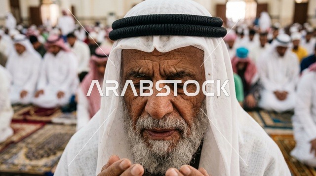 رجل كويتي مسن يصلي بخشوع في صلاة العيد
