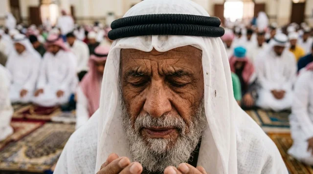 رجل كويتي مسن يصلي بخشوع في صلاة العيد
