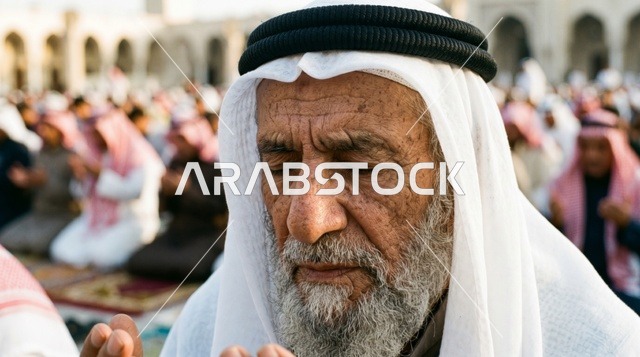 رجل كويتي مسن يصلي بخشوع في صلاة العيد بالكويت