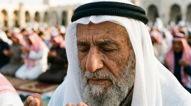 Senior Kuwaiti Man Praying During Eid in Kuwait