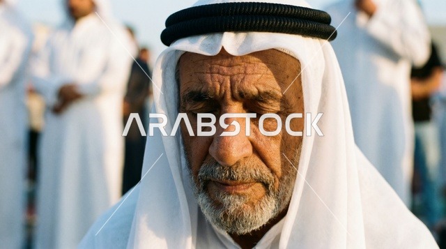 رجل كويتي مسن يصلي في صلاة العيد
