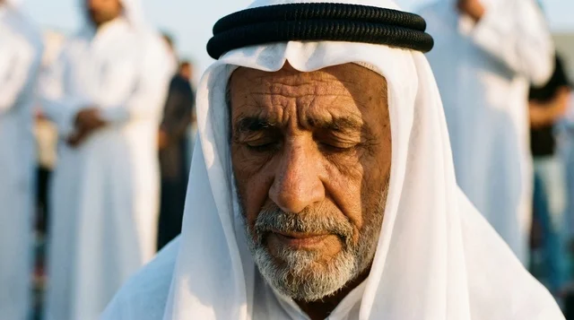 رجل كويتي مسن يصلي في صلاة العيد