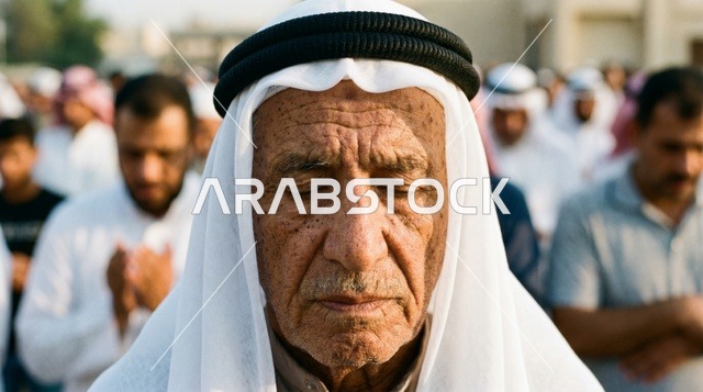 رجل كويتي مسن يصلي بخشوع في صلاة العيد