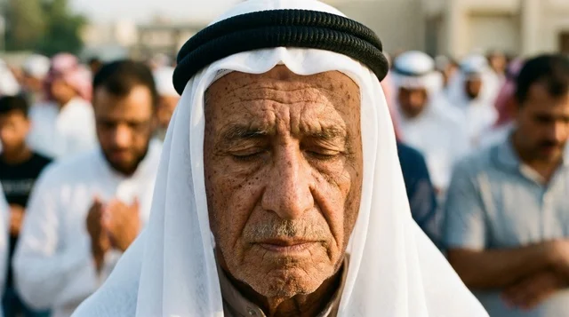 رجل كويتي مسن يصلي بخشوع في صلاة العيد
