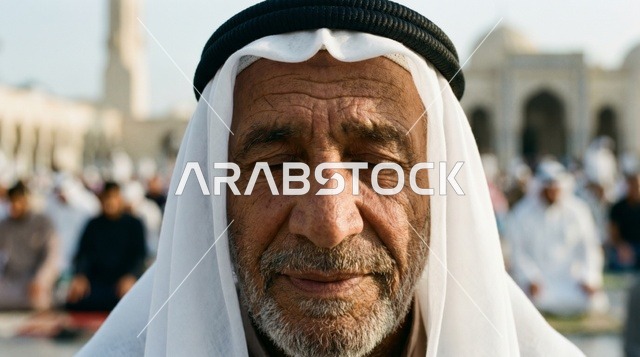 رجل كويتي مسن يصلي في المسجد خلال العيد