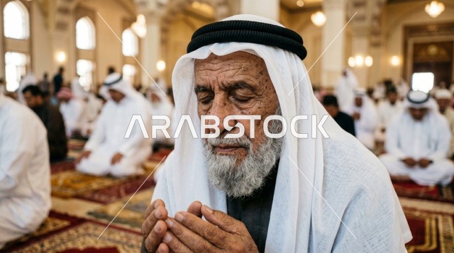 رجل كويتي مسن يصلي بخشوع في صلاة العيد بالمسجد