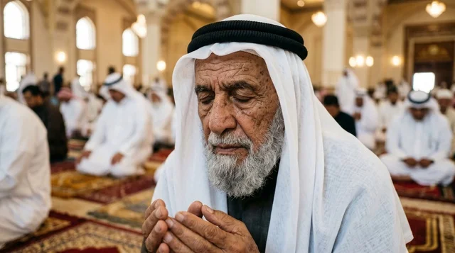 Elderly Kuwaiti Man Praying in Mosque During Eid