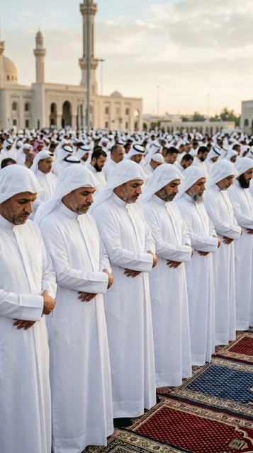 رجال يؤدون صلاة العيد في الكويت بساحة المسجد