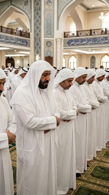 Muslim Men in Kuwaiti Dress Performing Eid Prayer