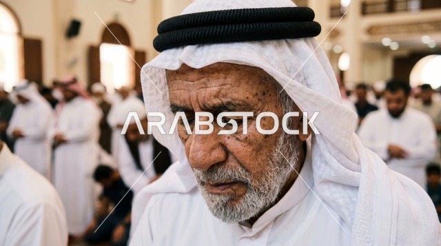 لقطة مقربة لرجل كويتي مسن يصلي بخشوع