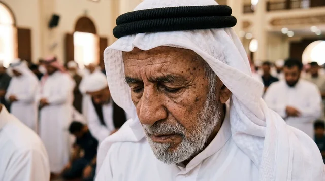 لقطة مقربة لرجل كويتي مسن يصلي بخشوع