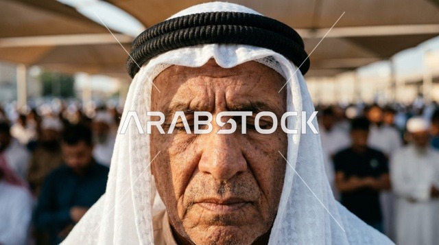 رجل كويتي مسن يصلي العيد لقطة مقربة