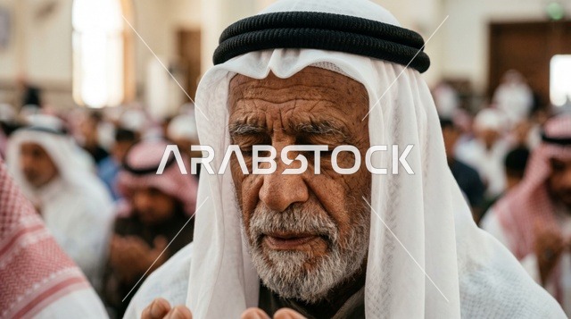لقطة مقربة لمسن كويتي يصلي بخشوع في المسجد