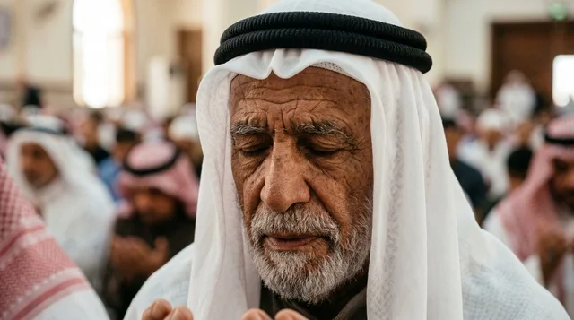 لقطة مقربة لمسن كويتي يصلي بخشوع في المسجد