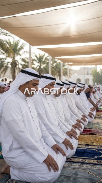 رجال كويتيون يؤدون صلاة العيد بالزي التقليدي