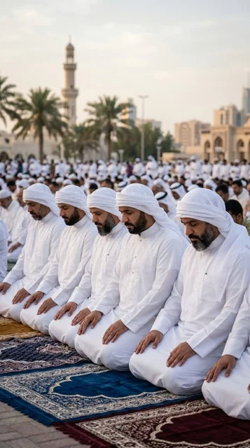 صلاة العيد للرجال بالزي الكويتي التقليدي
