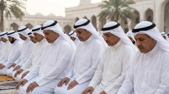 Muslim Men Praying in Traditional Kuwaiti Dress Muslim Men Praying in Traditional Kuwaiti Dress