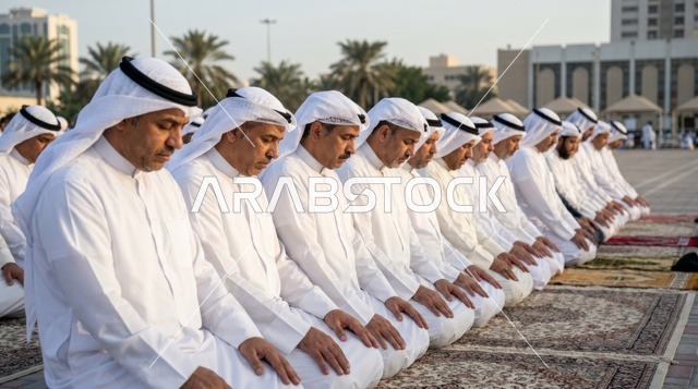رجال كويتيون يؤدون صلاة العيد في صفوف
