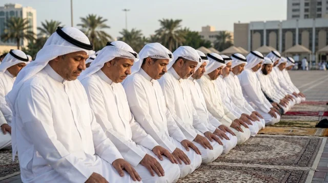Kuwaiti Men Praying Eid Al-Fitr in Rows Outdoor