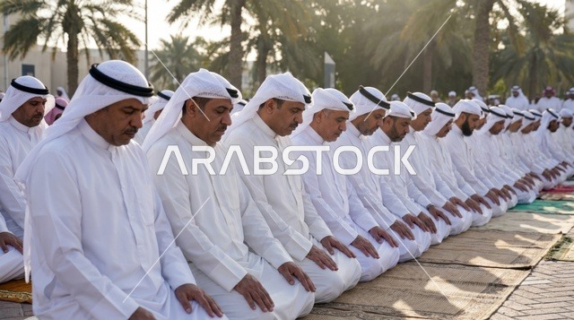 رجال كويتيون يؤدون صلاة العيد بالزي التقليدي