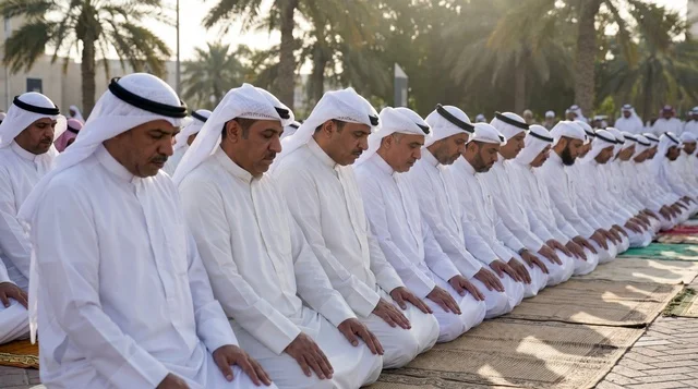 Kuwaiti Men Performing Eid Prayer in Traditional Dress Kuwaiti Men Performing Eid Prayer in Traditional Dress