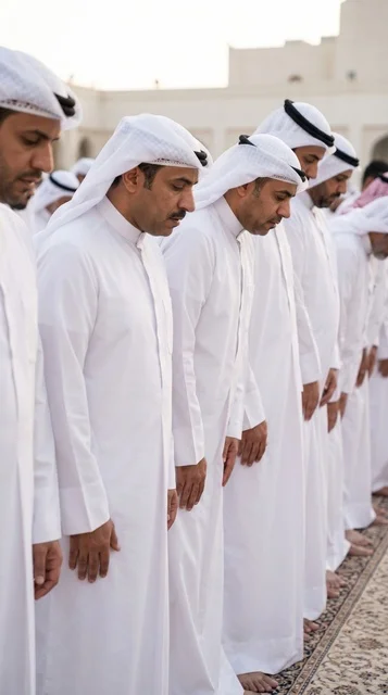 رجال كويتيون يؤدون صلاة العيد في صفوف منتظمة