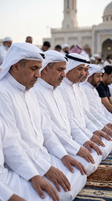 Kuwaiti Men Performing Eid Prayer in Traditional Attire