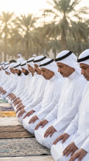 Muslim Men Praying Eid in Traditional Kuwaiti Dress