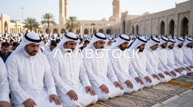 رجال يصلون في صفوف المصلين يؤدون صلاة العيد بخشوع، زاوية متوسطة للزي الكويتي.