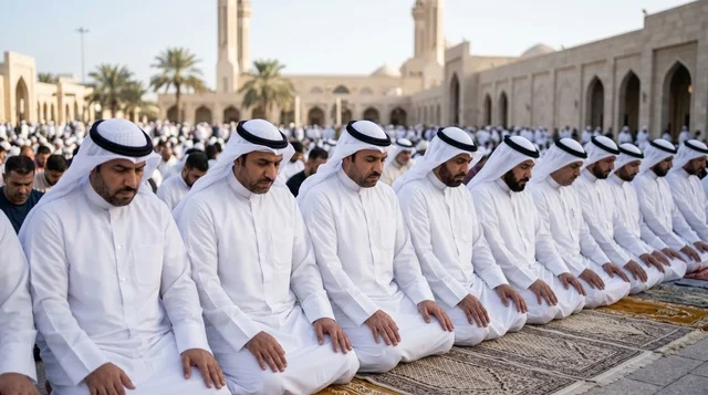 Men praying in rows of worshippers performing the Eid prayer with devotion, a medium angle of Kuwaiti dress.