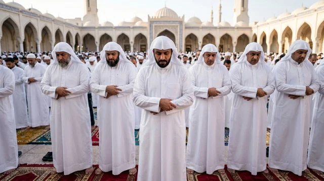 رجال كويتيون يؤدون صلاة العيد في المسجد