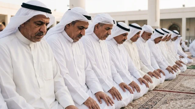 رجال كويتيون يؤدون صلاة العيد في صفوف المسجد