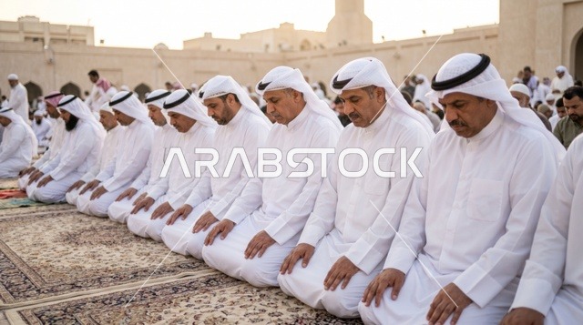 رجال كويتيون يؤدون صلاة العيد بالزي التقليدي