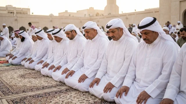 رجال كويتيون يؤدون صلاة العيد بالزي التقليدي