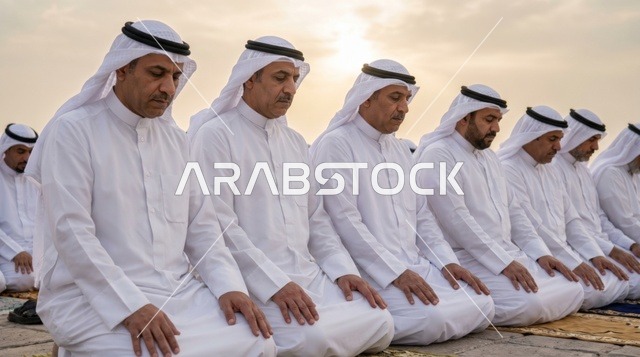 رجال كويتيون بالزي التقليدي يؤدون صلاة العيد