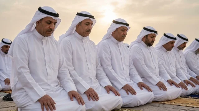 رجال كويتيون بالزي التقليدي يؤدون صلاة العيد