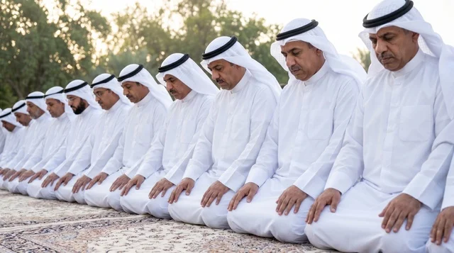 Kuwaiti Men Performing Islamic Prayer Outdoors in Rows