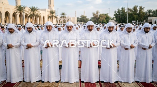 رجال كويتيون يؤدون صلاة العيد في ساحة المسجد