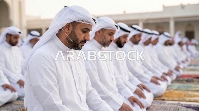 رجال بالزي الكويتي يؤدون صلاة العيد في ساحة المسجد