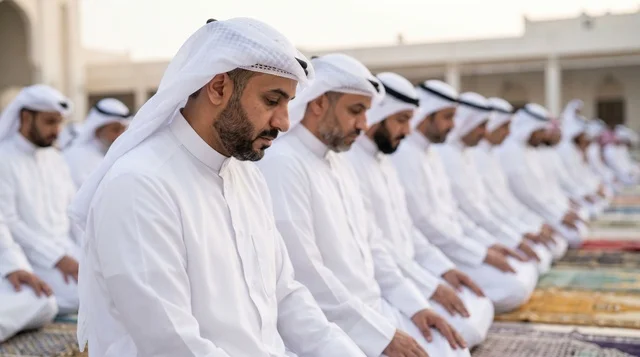 رجال بالزي الكويتي يؤدون صلاة العيد في ساحة المسجد