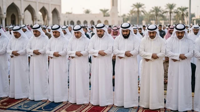 Muslim Men in Kuwaiti Dress Performing Eid Prayer